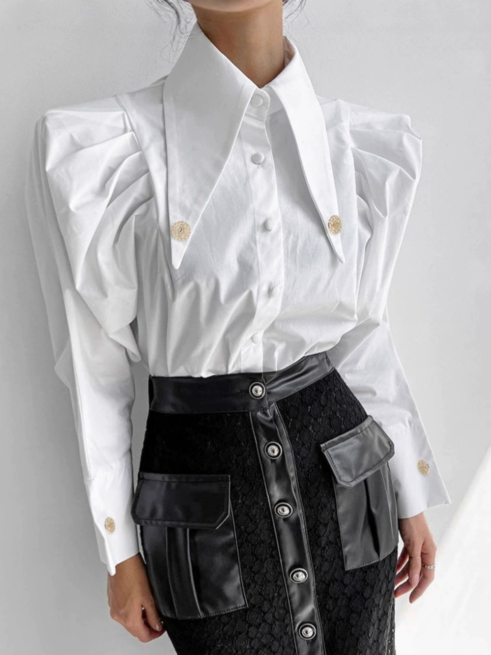 Forever 21 White Puff Sleeve Long Sleeve Blouse Office Fall Lapel Shoulder Pad